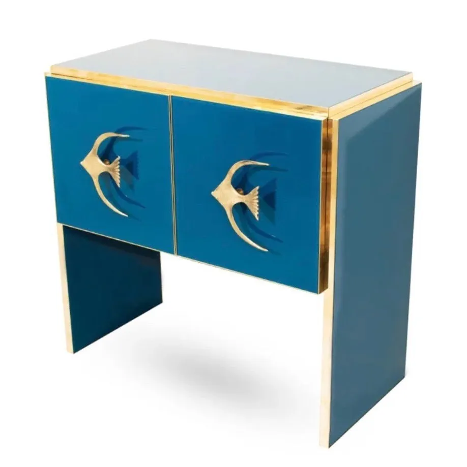 Modern Italian Custom Design Brass Edged & Fish Marine Decor Teal Blue Cabinet