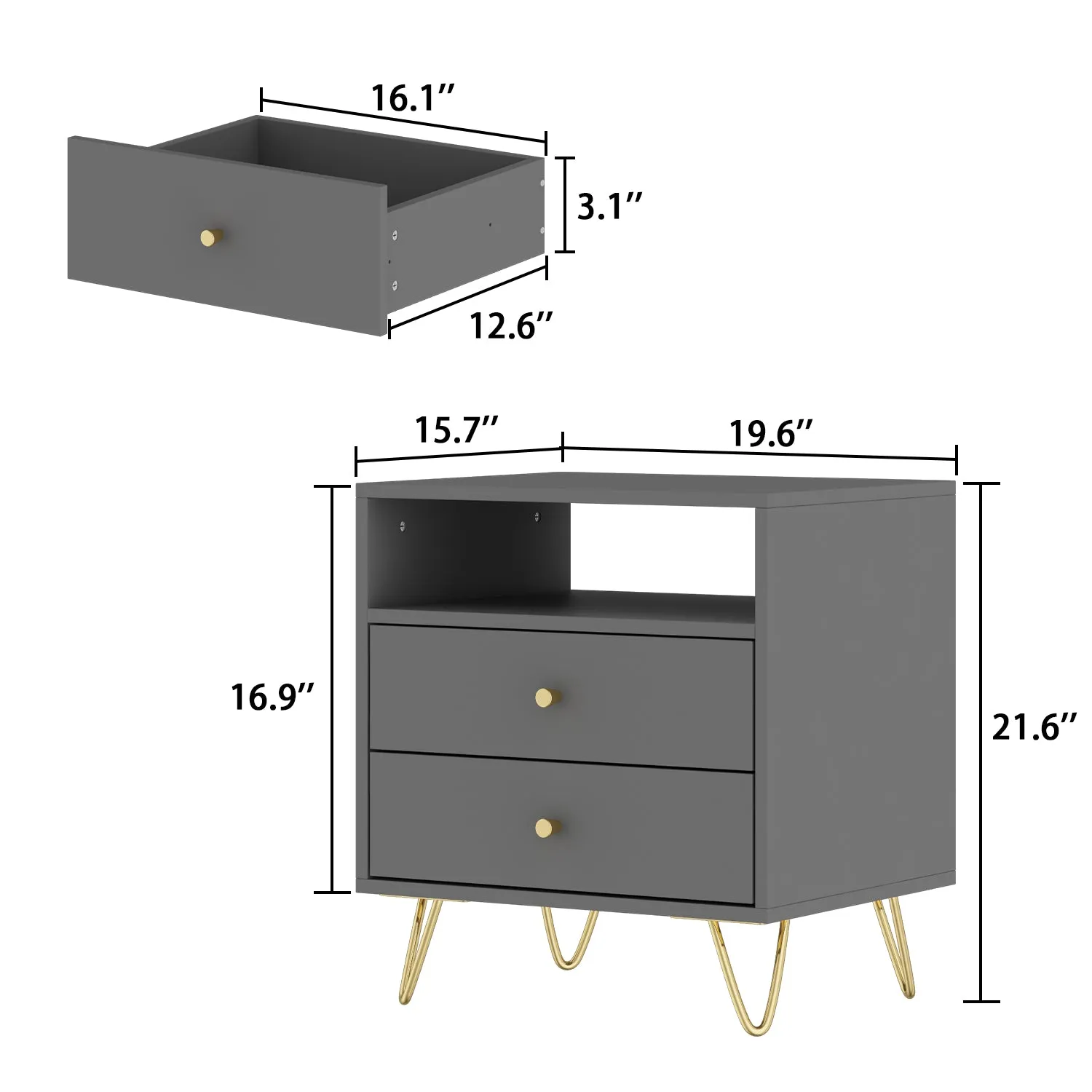 Nightstand 2 Drawers 1 Open Shelf Bedside End Table with Gold Metal Legs for Bedroom