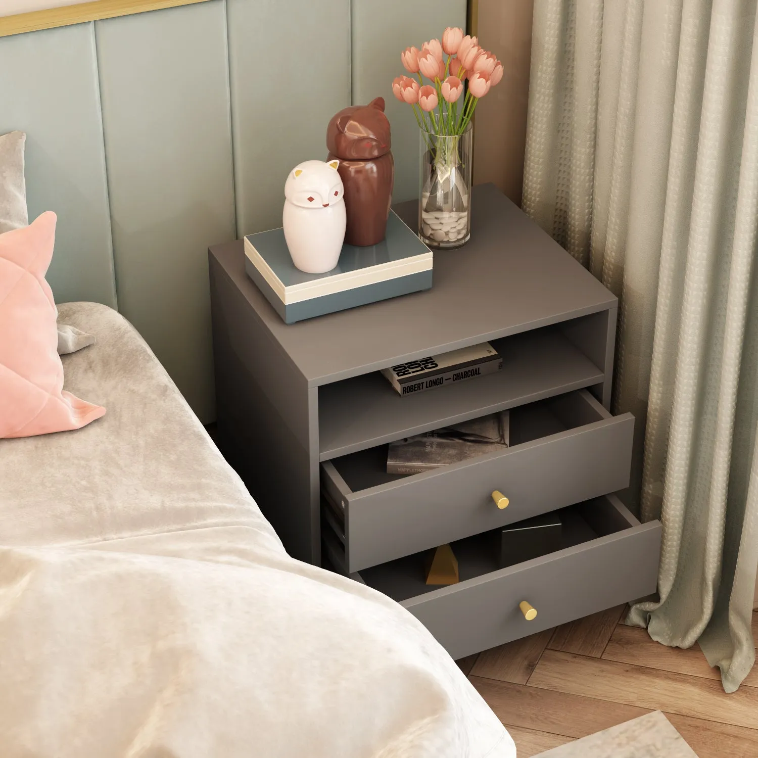 Nightstand 2 Drawers 1 Open Shelf Bedside End Table with Gold Metal Legs for Bedroom