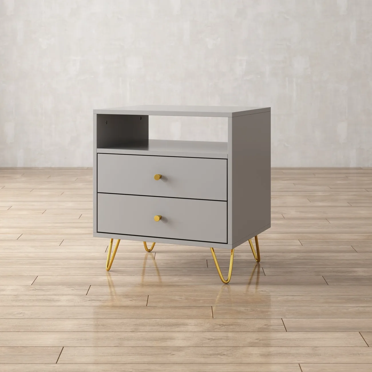 Nightstand 2 Drawers 1 Open Shelf Bedside End Table with Gold Metal Legs for Bedroom