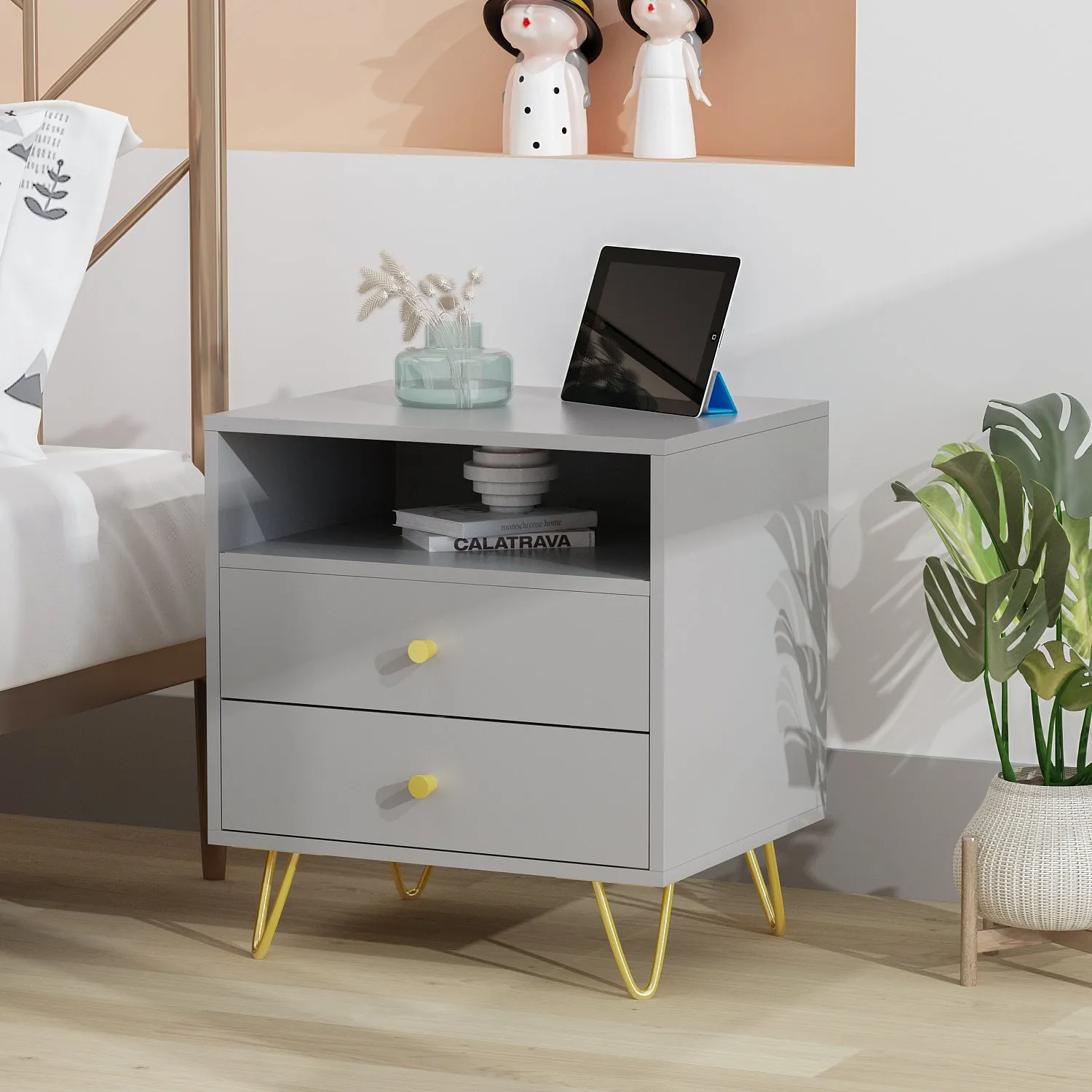 Nightstand 2 Drawers 1 Open Shelf Bedside End Table with Gold Metal Legs for Bedroom