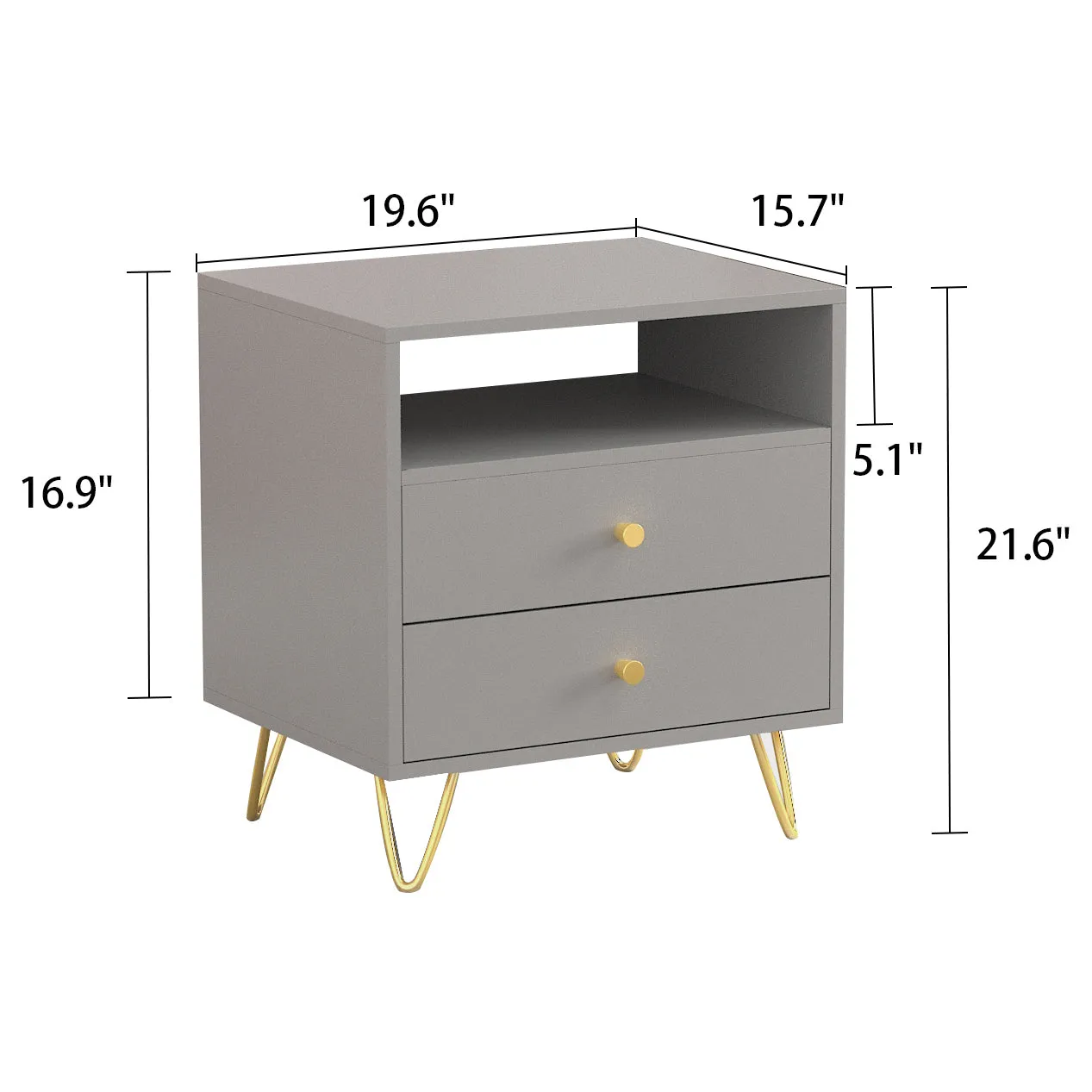 Nightstand 2 Drawers 1 Open Shelf Bedside End Table with Gold Metal Legs for Bedroom