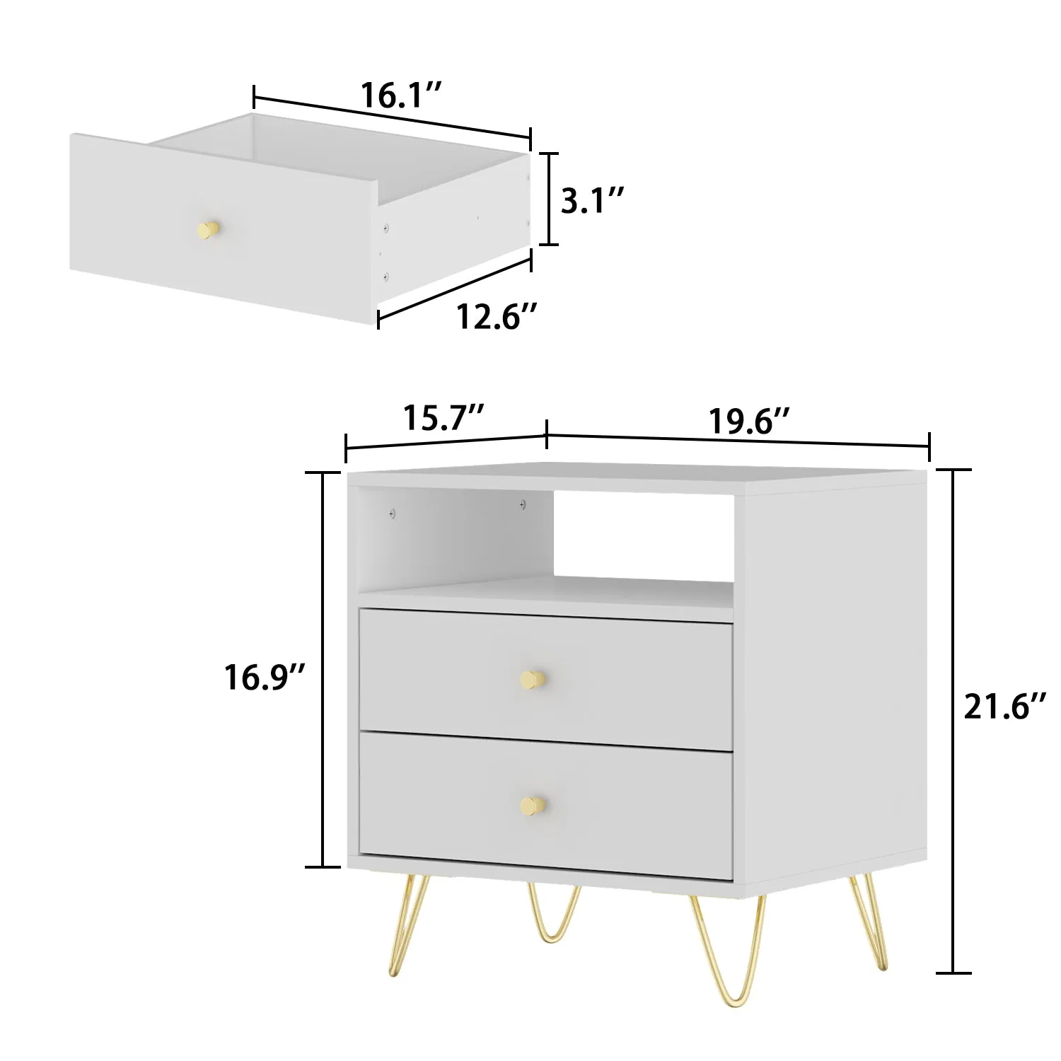 Nightstand 2 Drawers 1 Open Shelf Bedside End Table with Gold Metal Legs for Bedroom