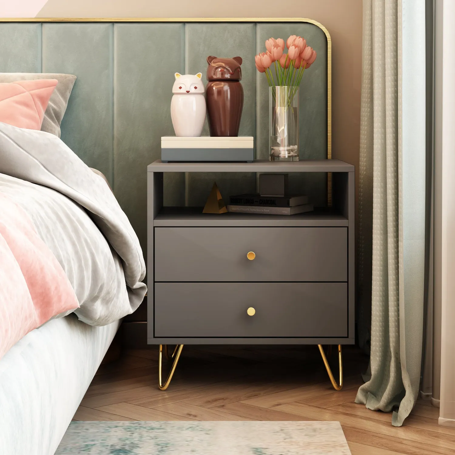 Nightstand 2 Drawers 1 Open Shelf Bedside End Table with Gold Metal Legs for Bedroom