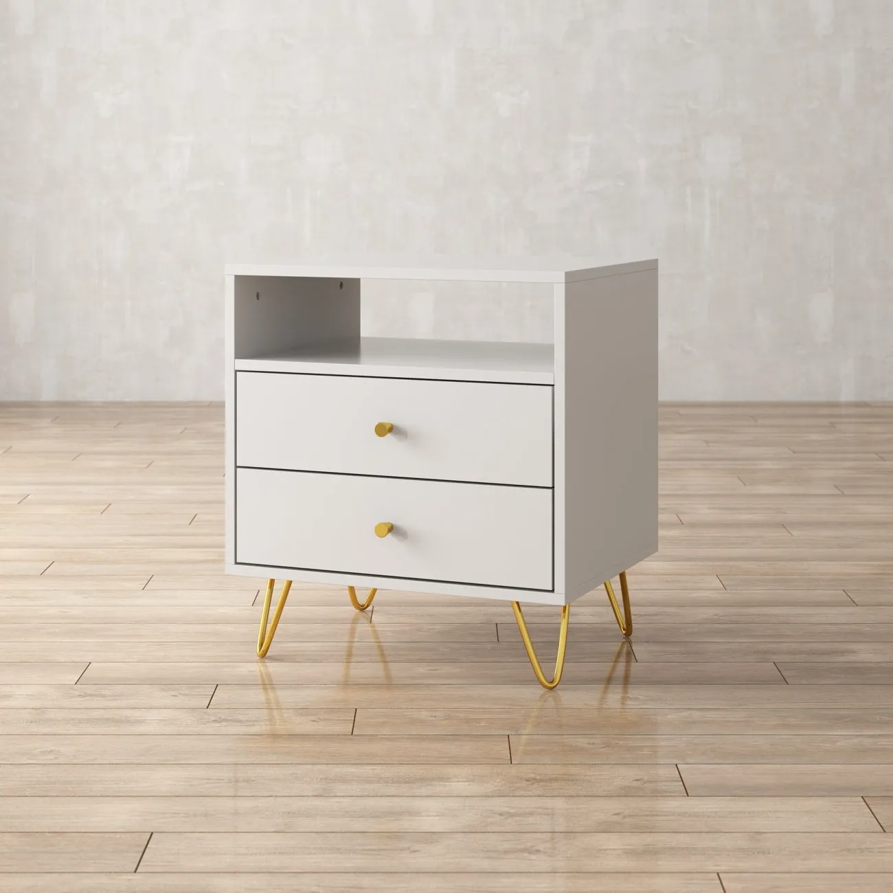 Nightstand 2 Drawers 1 Open Shelf Bedside End Table with Gold Metal Legs for Bedroom