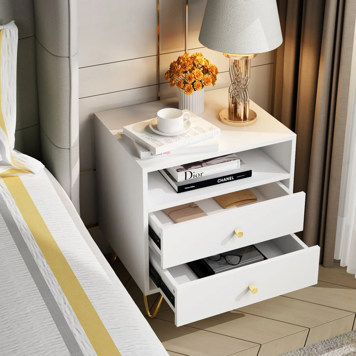 Nightstand 2 Drawers 1 Open Shelf Bedside End Table with Gold Metal Legs for Bedroom