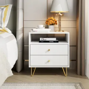 Nightstand 2 Drawers 1 Open Shelf Bedside End Table with Gold Metal Legs for Bedroom