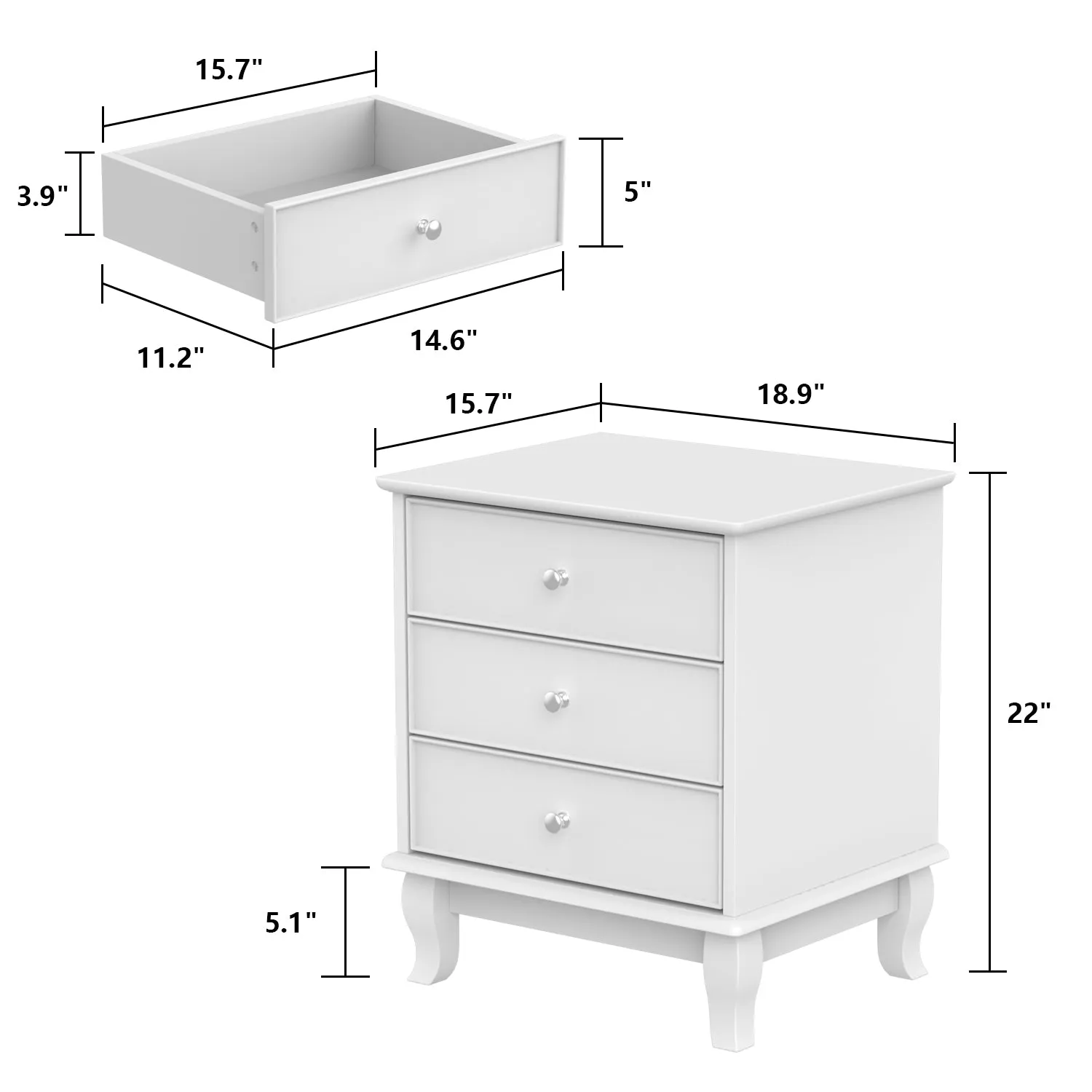 Nightstand End Table 3-Drawer Bedside Table for Living Room Office Bedroom