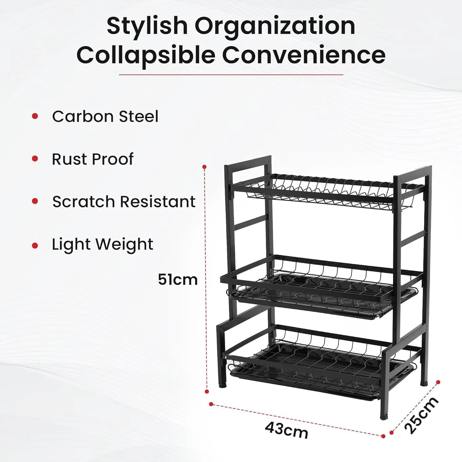 Plantex 3-Layer Dish Drying Rack/Storage Rack for Kitchen Counter/Drainboard & Cutting Board Holder/Premium Utensils Basket/Free Mounting (Black)