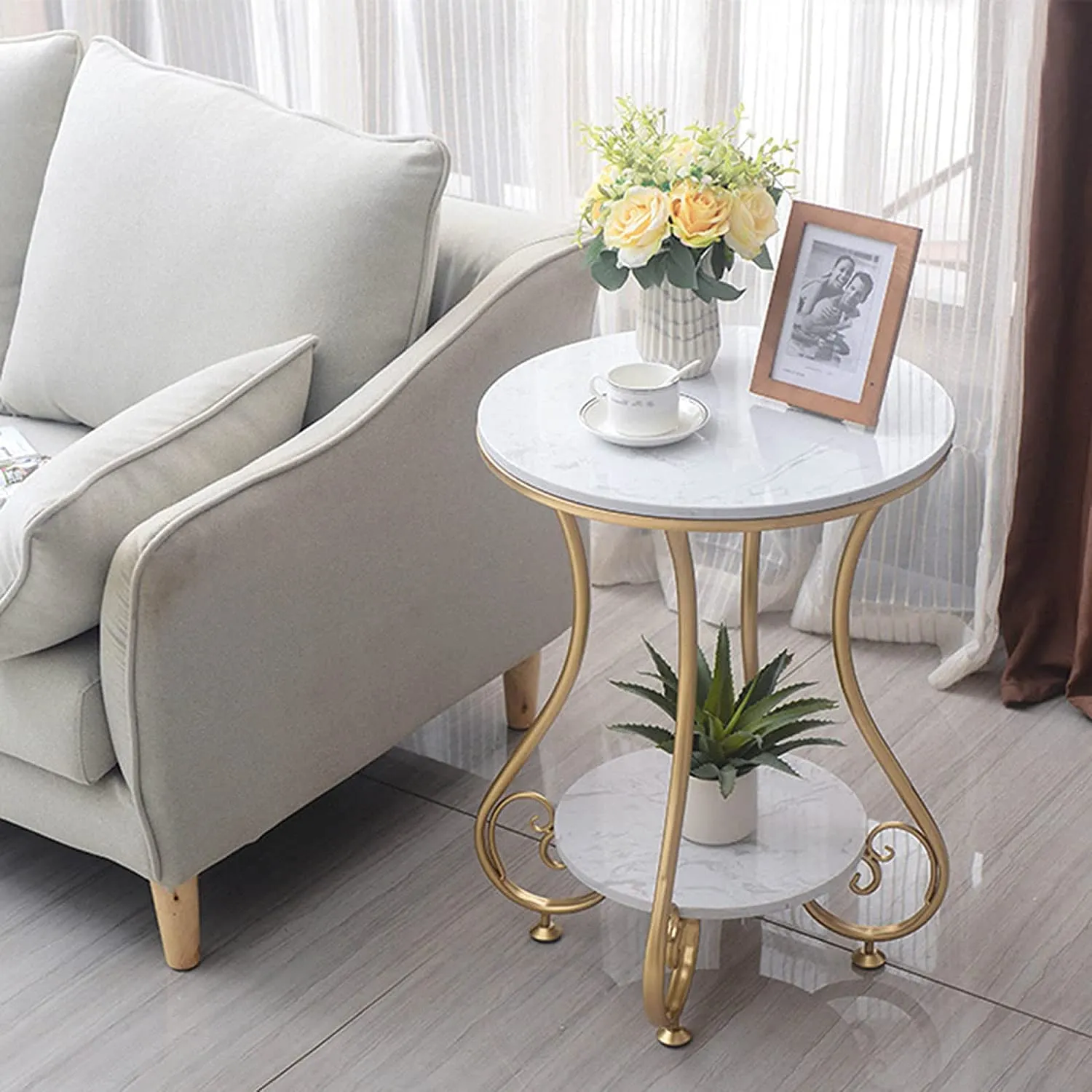 QEY RETI Wrought Iron Golden 2 Tier Round End Table Coffee Table Side Table Bedside Table Nightstand Side Corner for Living Room Bedroom Dining Room Kitchen Office| Golden Stool | Furniture