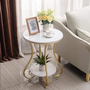 QEY RETI Wrought Iron Golden 2 Tier Round End Table Coffee Table Side Table Bedside Table Nightstand Side Corner for Living Room Bedroom Dining Room Kitchen Office| Golden Stool | Furniture