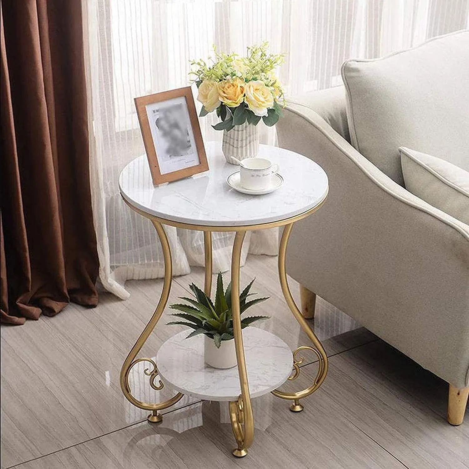 QEY RETI Wrought Iron Golden 2 Tier Round End Table Coffee Table Side Table Bedside Table Nightstand Side Corner for Living Room Bedroom Dining Room Kitchen Office| Golden Stool | Furniture