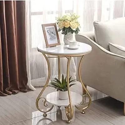 QEY RETI Wrought Iron Golden 2 Tier Round End Table Coffee Table Side Table Bedside Table Nightstand Side Corner for Living Room Bedroom Dining Room Kitchen Office| Golden Stool | Furniture