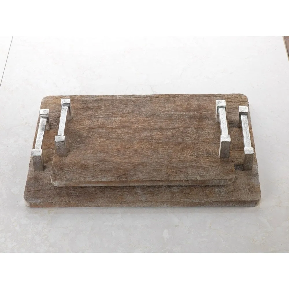 "Asval" 15" Long Reclaimed Wood Serving Tray, Raw Aluminum Handle