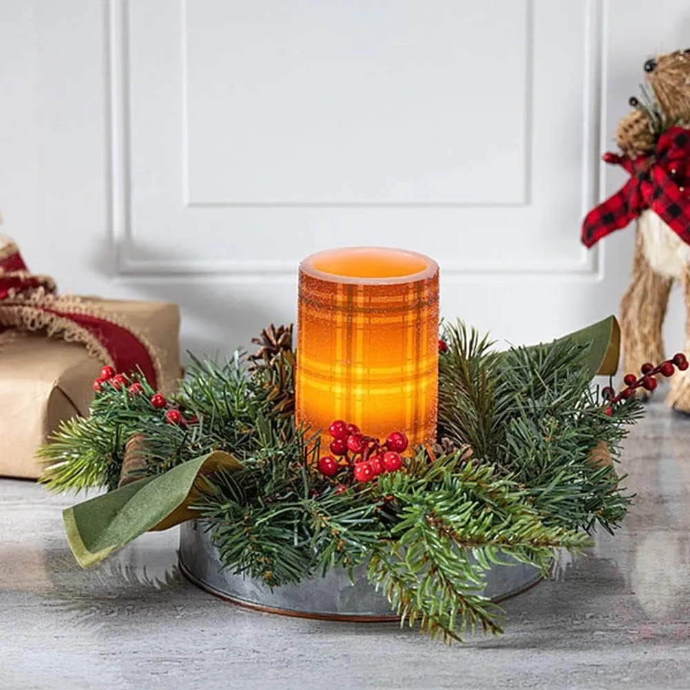 Red Plaid Centerpiece Battery-Operated LED Holder