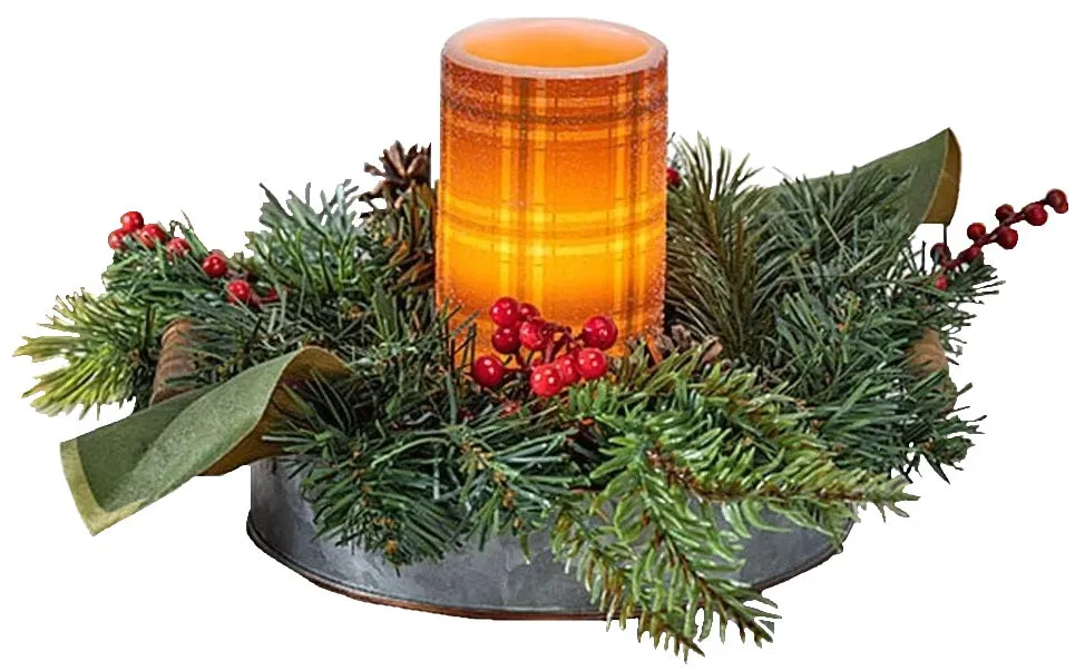 Red Plaid Centerpiece Battery-Operated LED Holder