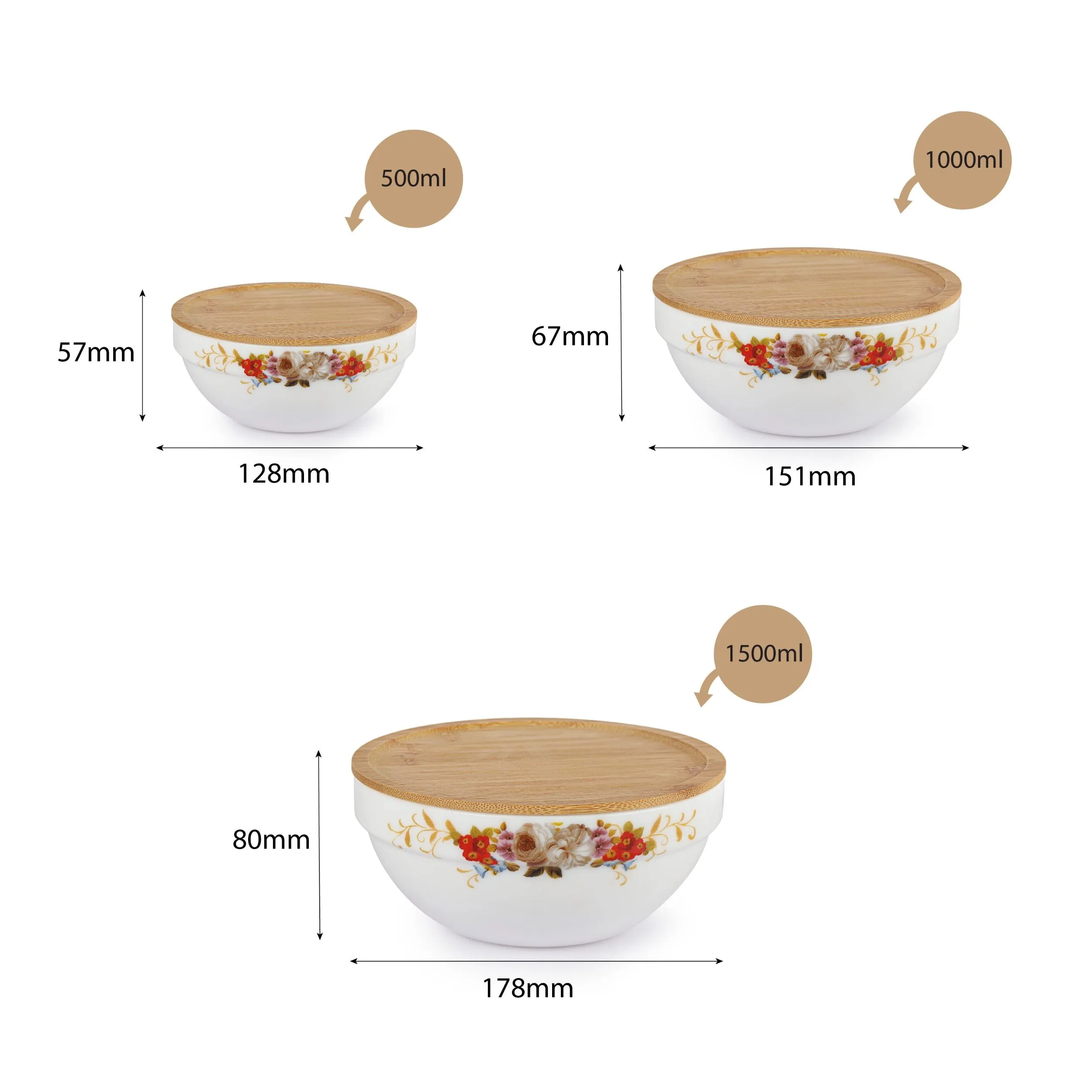 Royale Series Mixing bowls with bamboo lid Gift Set, 3 Pieces