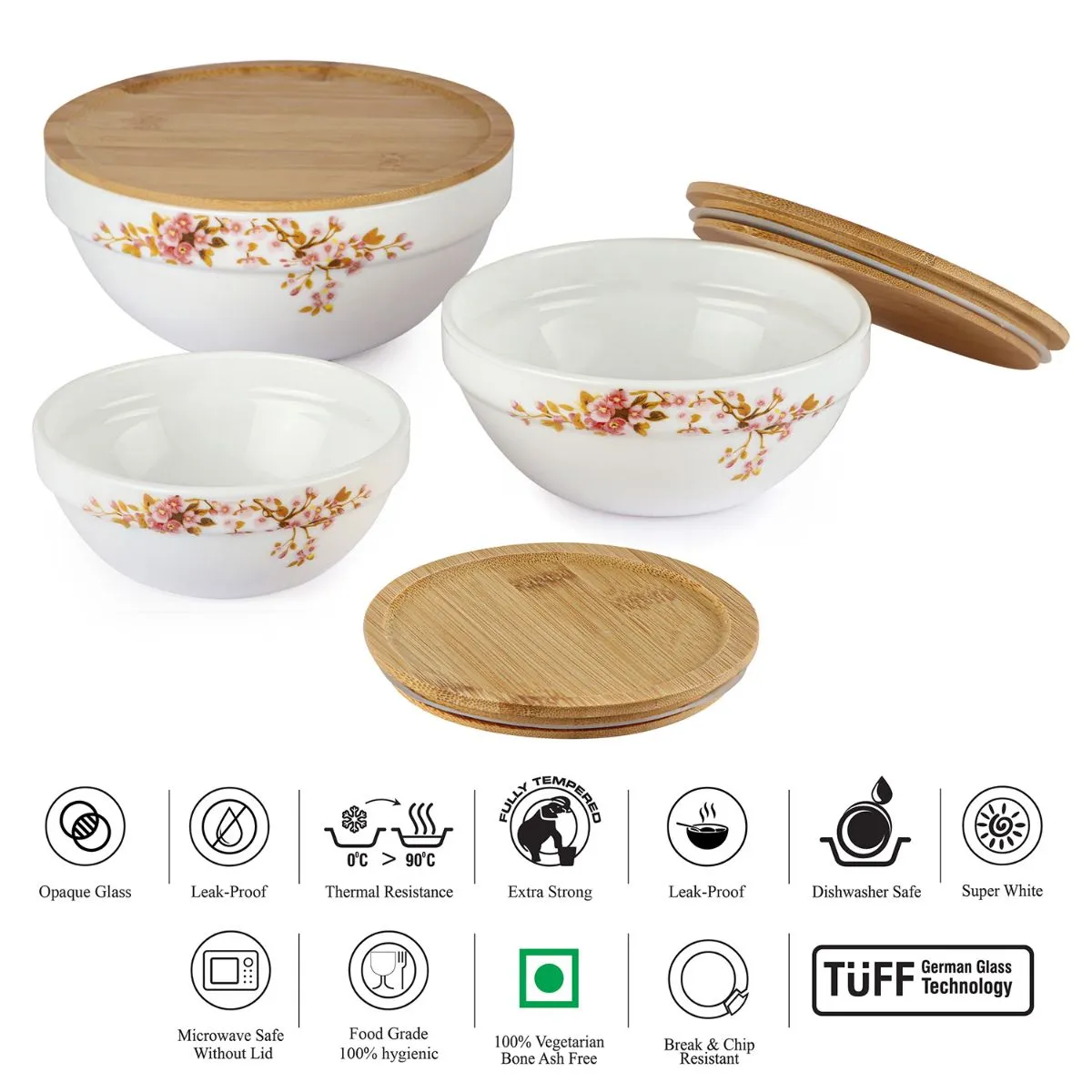 Royale Series Mixing bowls with bamboo lid Gift Set, 3 Pieces