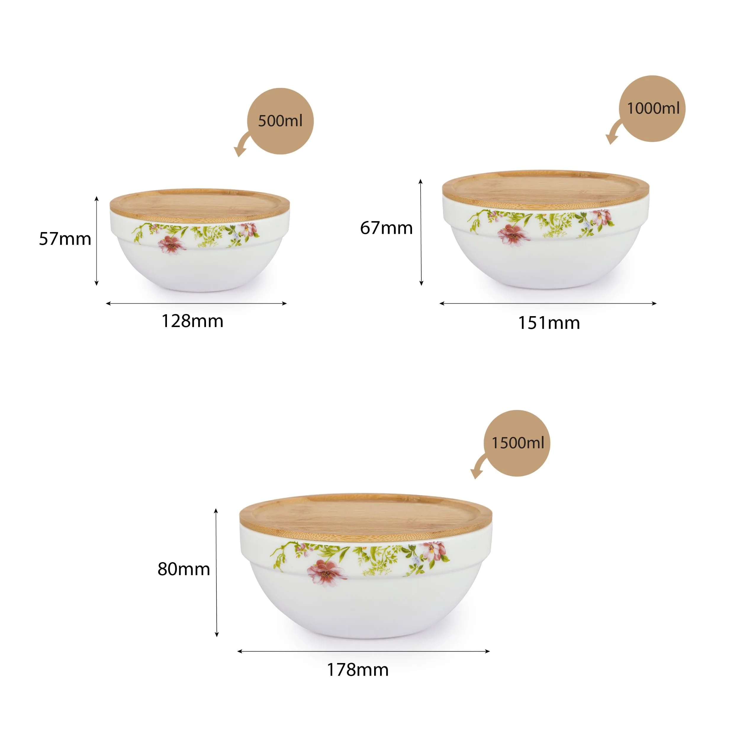 Royale Series Mixing bowls with bamboo lid Gift Set, 3 Pieces