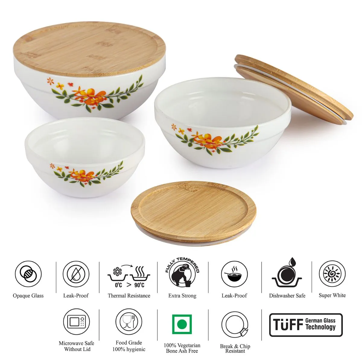 Royale Series Mixing bowls with bamboo lid Gift Set, 3 Pieces