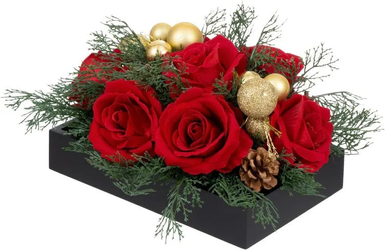 Tabletop Centerpiece Christmas Decoration, Artificial Red Rose Flowers, Cedar Picks, and Gold Tone Ornaments