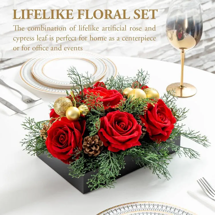 Tabletop Centerpiece Christmas Decoration, Artificial Red Rose Flowers, Cedar Picks, and Gold Tone Ornaments