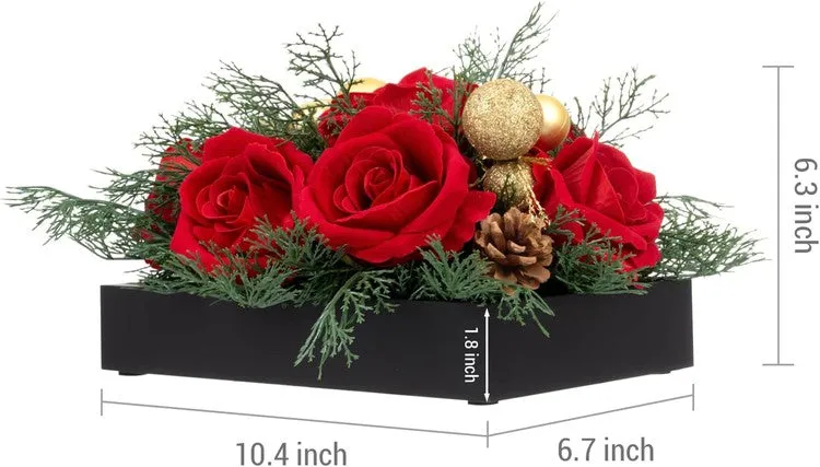 Tabletop Centerpiece Christmas Decoration, Artificial Red Rose Flowers, Cedar Picks, and Gold Tone Ornaments