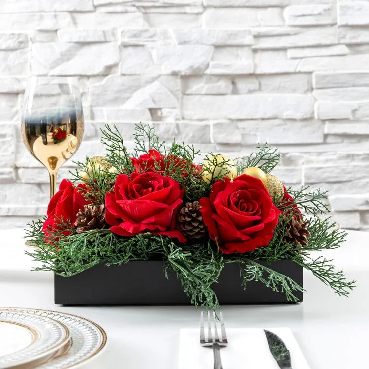 Tabletop Centerpiece Christmas Decoration, Artificial Red Rose Flowers, Cedar Picks, and Gold Tone Ornaments