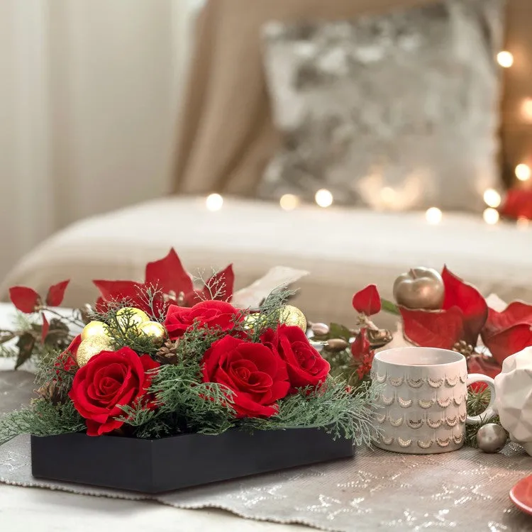 Tabletop Centerpiece Christmas Decoration, Artificial Red Rose Flowers, Cedar Picks, and Gold Tone Ornaments