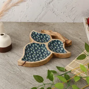 Teal Peacock Tri Leaf Wooden Serving Platter