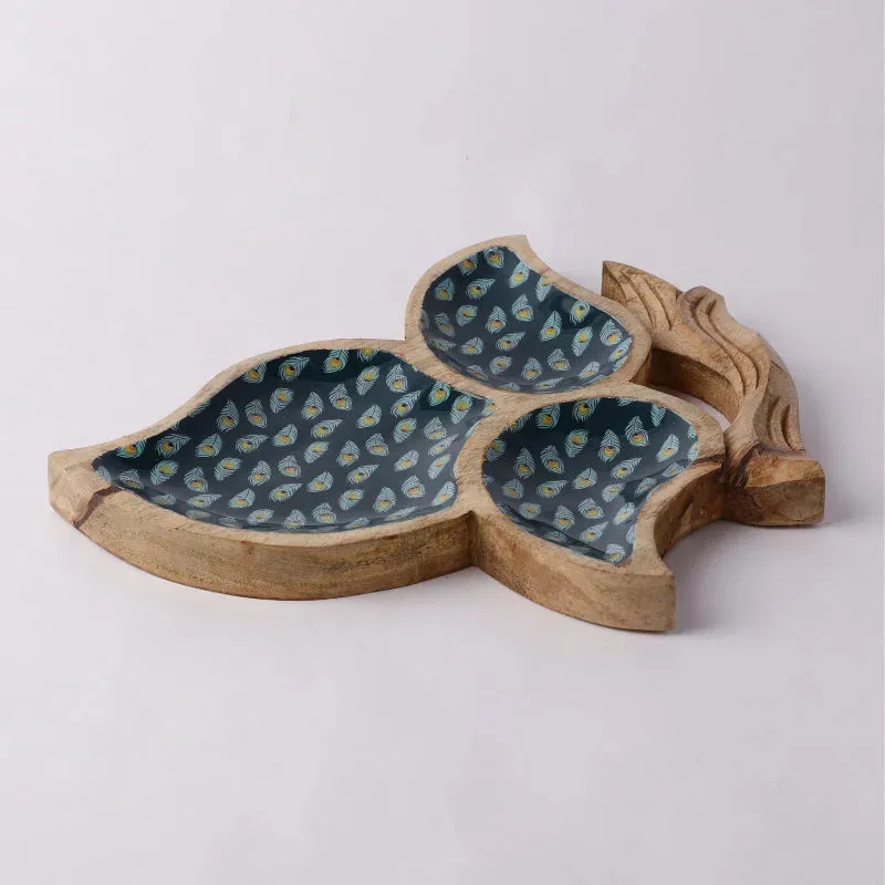 Teal Peacock Tri Leaf Wooden Serving Platter