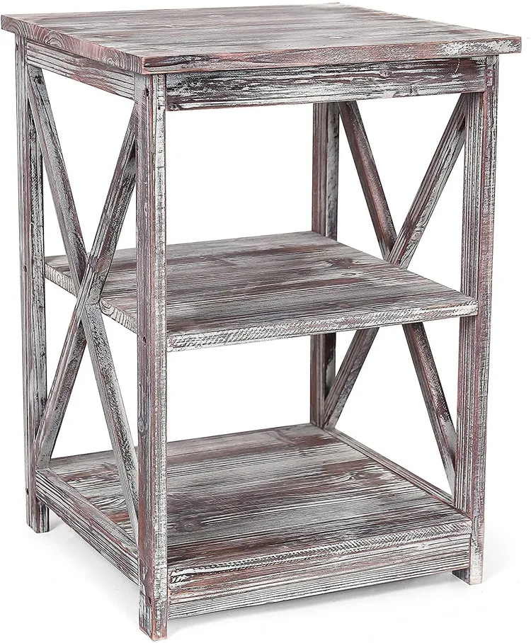 Torched Wood End Table with 2 Shelves