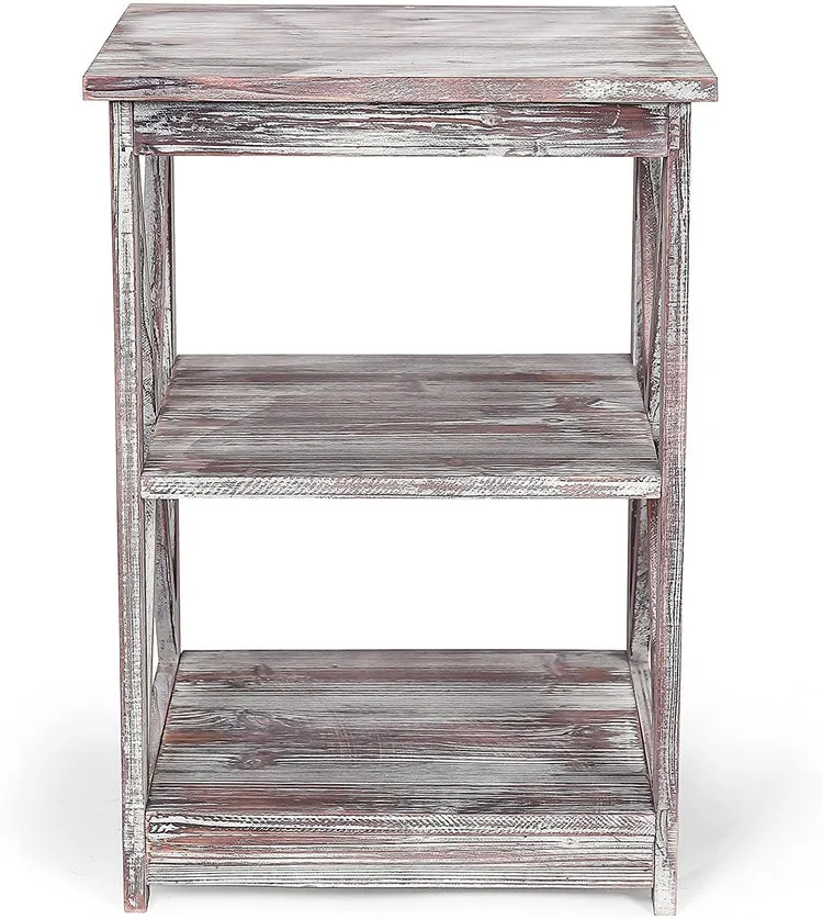 Torched Wood End Table with 2 Shelves