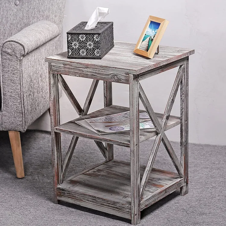 Torched Wood End Table with 2 Shelves