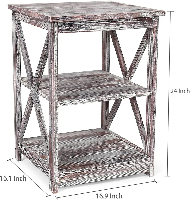 Torched Wood End Table with 2 Shelves