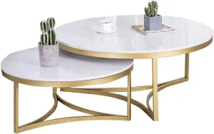 TrendAtoZ Home Decor Coffee Tables Round Nesting Tables Set of 2 Tea Table MDF Top and Metal Legs Living Room Furniture Modern Design