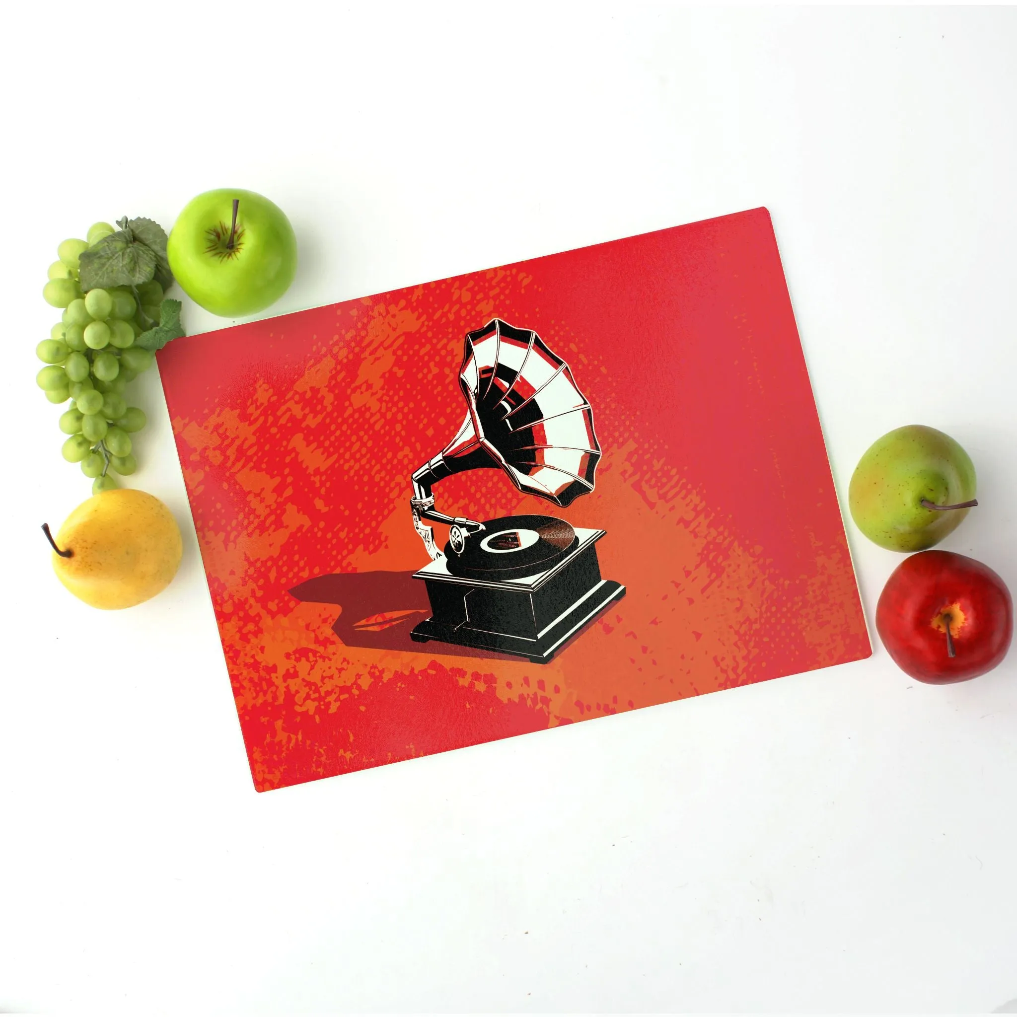 Vintage Gramophone Tempered Glass Cutting Board 15.75" X 11.5" - Designed by Michigan Artists