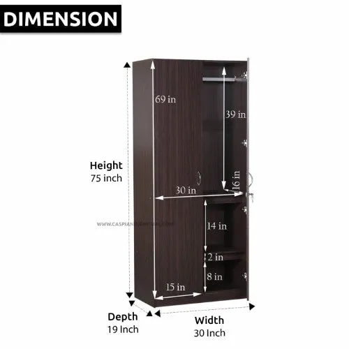 Walnut 2 Door Wardrobe with 2 Shelves and Hanging Space for Clothes |2 Door Wardrobe for Bedroom | Wardrobe for Clothes