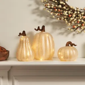 White LED Pumpkins with Mercury Glass Finish, Set of 3