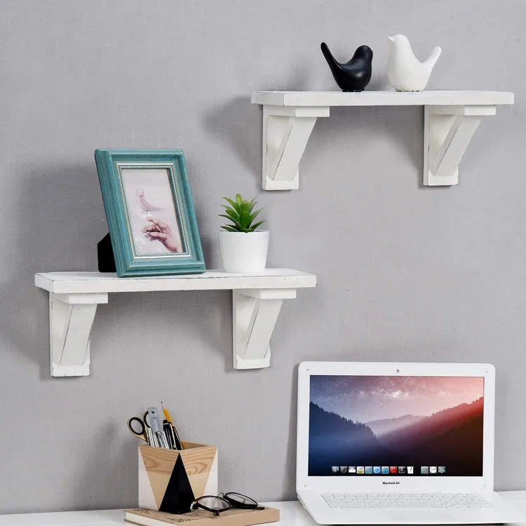 Wood Floating Wall Shelves in Vintage White, Set of 2