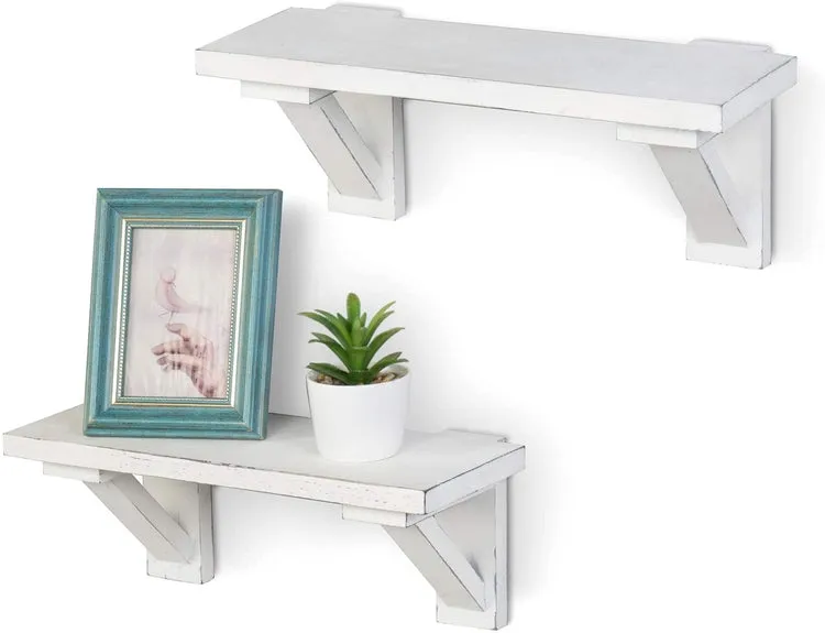 Wood Floating Wall Shelves in Vintage White, Set of 2